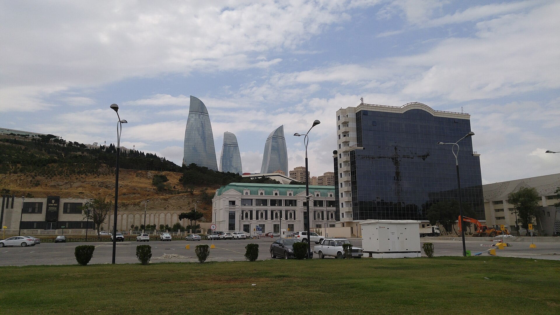 The medieval walled old city of Baku against the modern skyline, Azerbaijan.