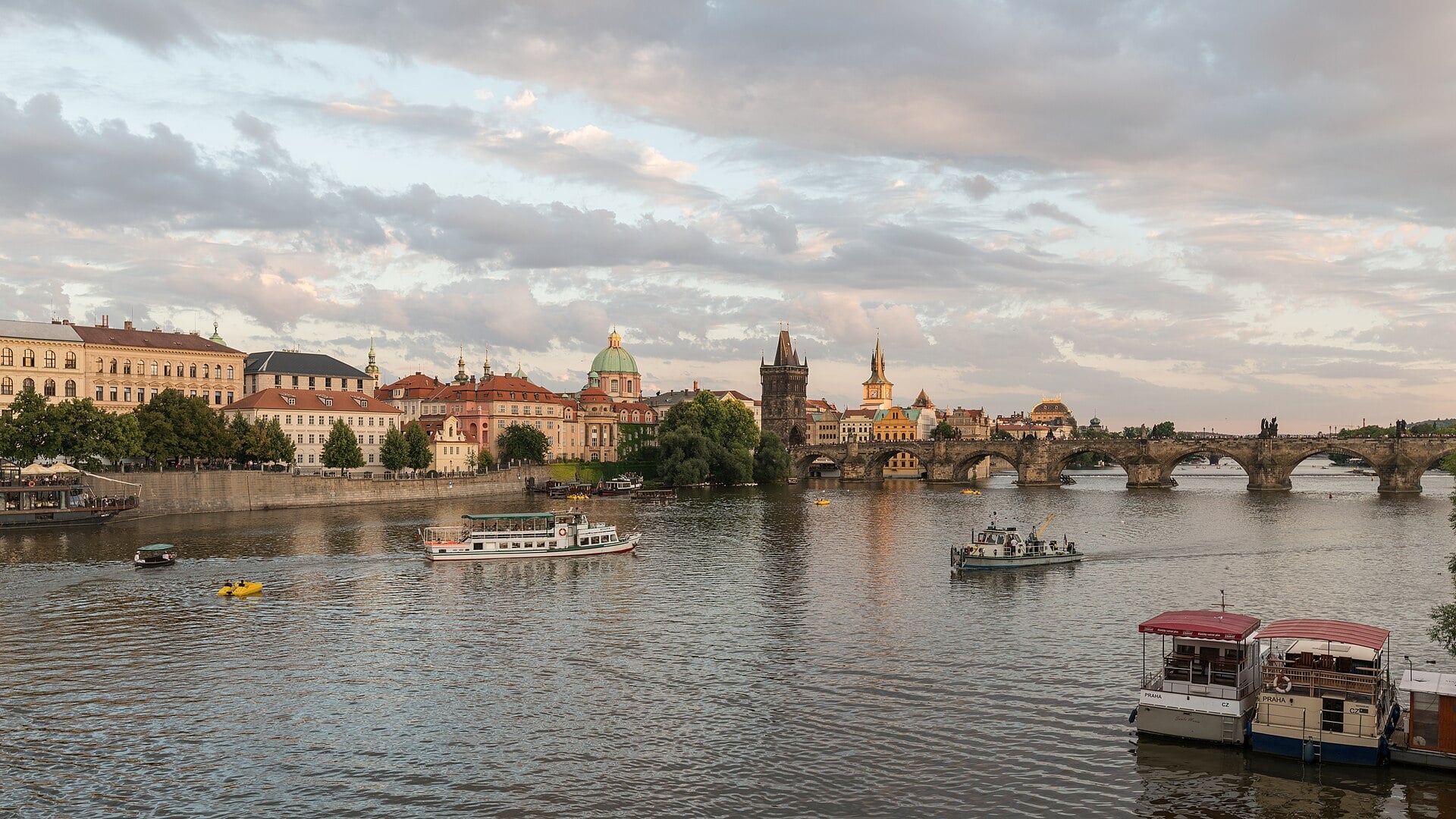 Charles Bridge and the spires of Prague's Old Town, Czech Republic.