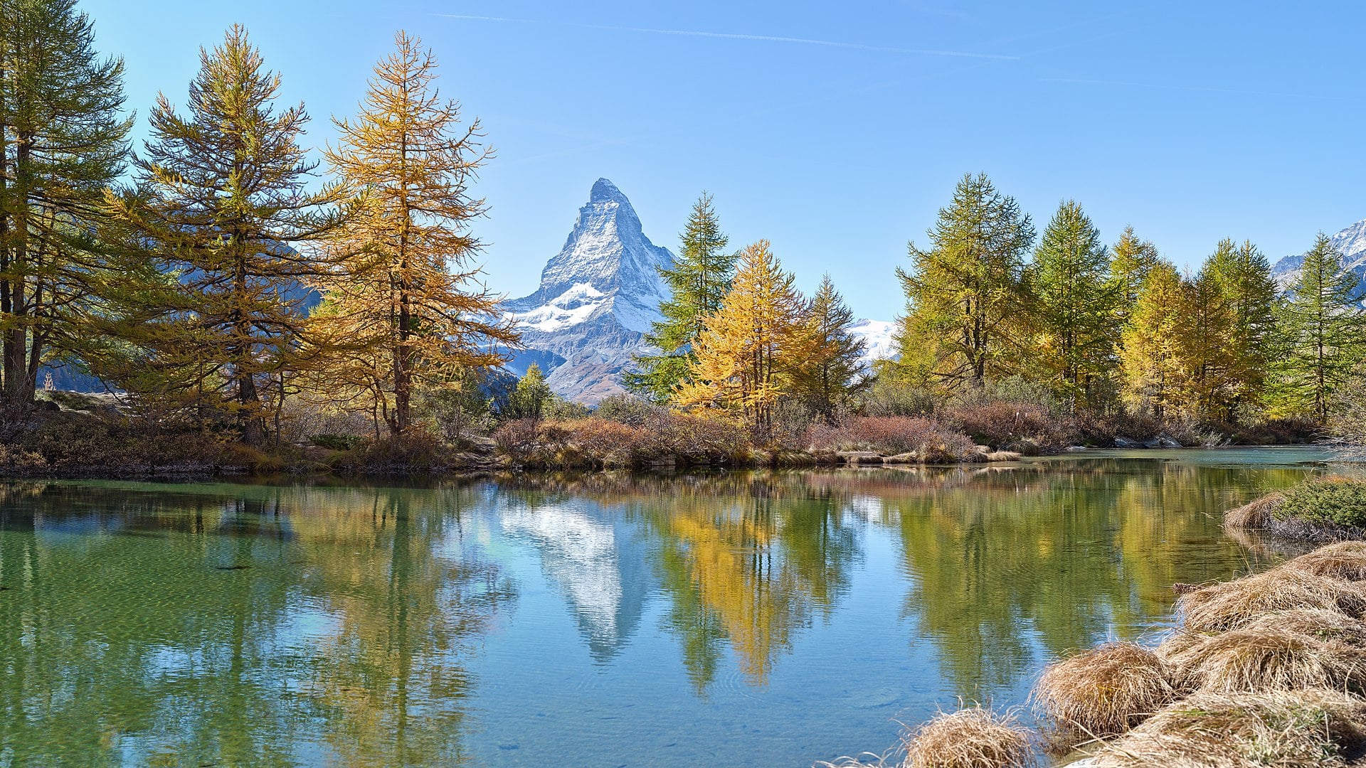 The Matterhorn above the rooftops of Zermatt, Switzerland.