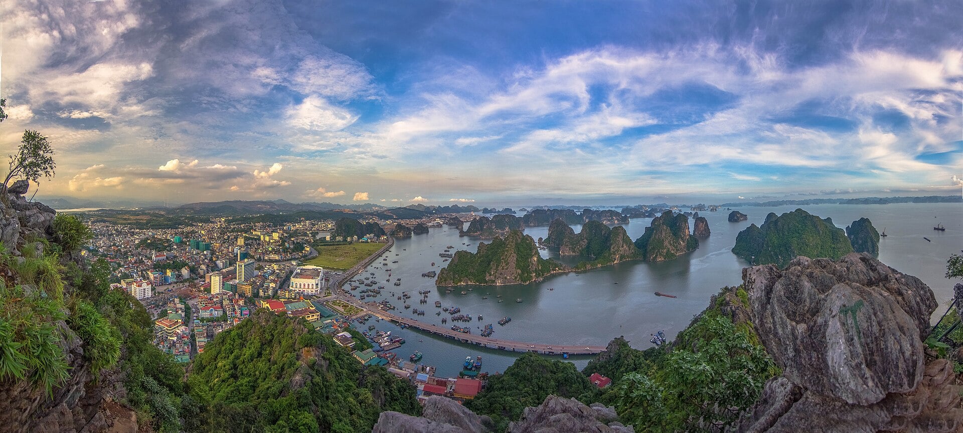 Limestone karst islands rising from Ha Long Bay, Vietnam.