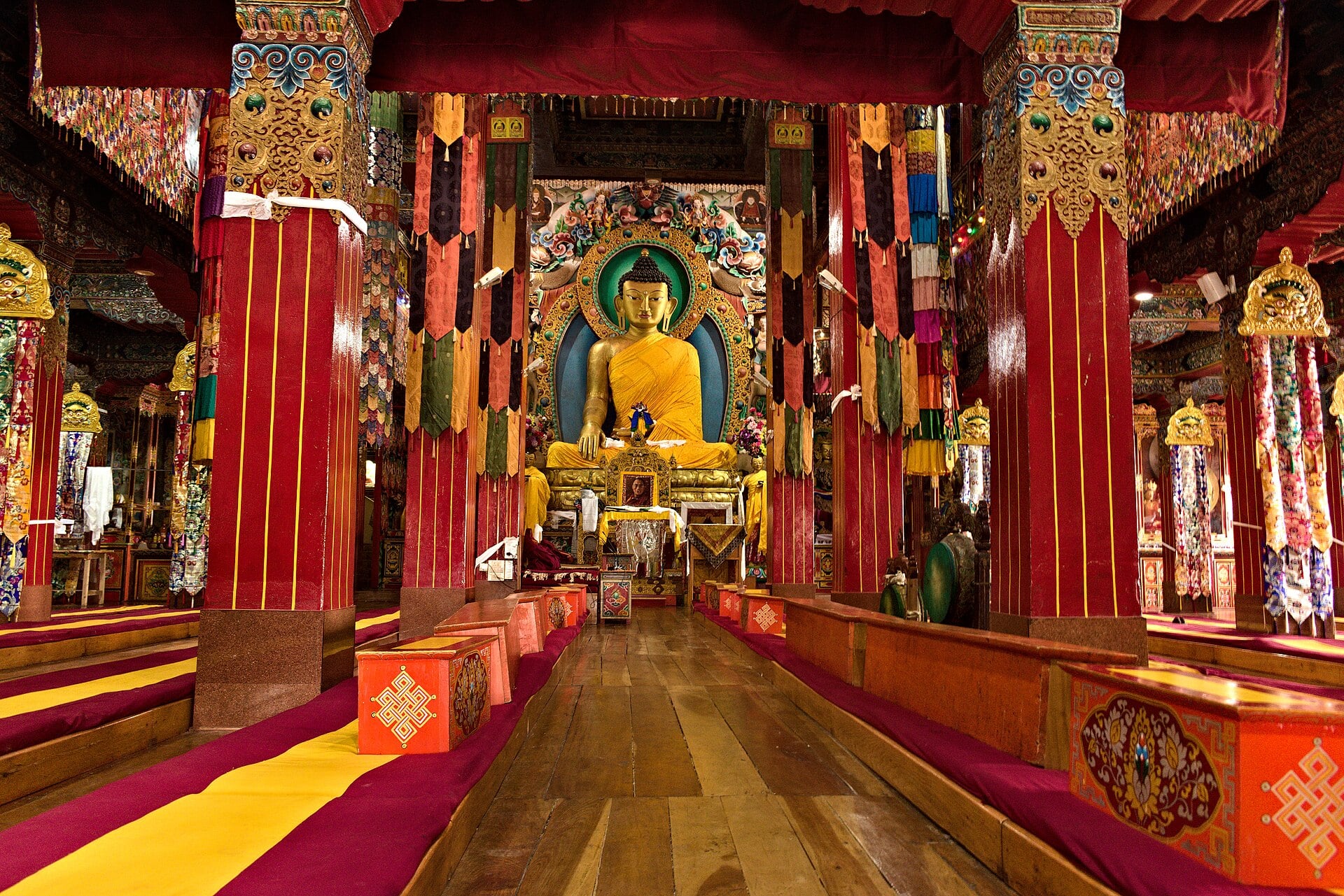 Tawang Monastery in Arunachal Pradesh, the main Dukhang prayer hall and its courtyard.
