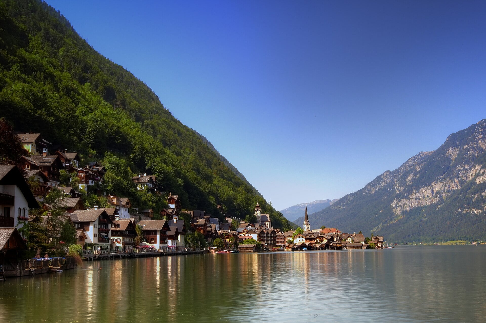 The lakeside village of Hallstatt beneath its mountains, Austria.