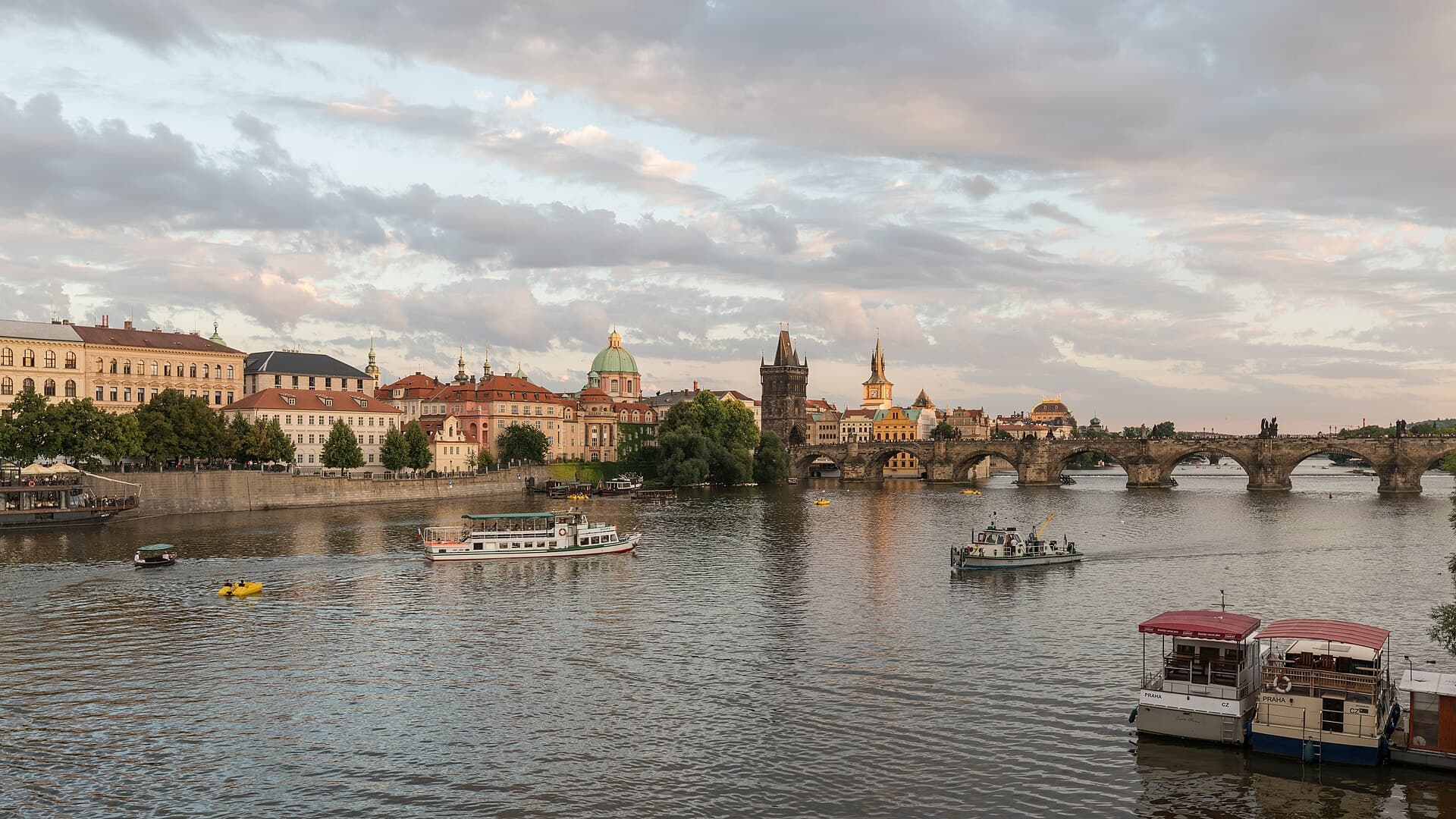 Charles Bridge and the spires of Prague's Old Town, Czech Republic.