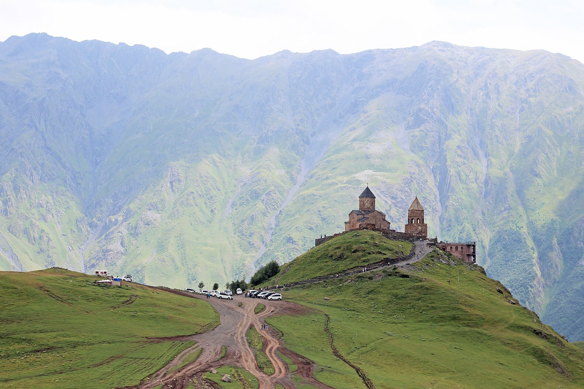 Gergeti Trinity Church below Mount Kazbek in the Georgian Caucasus.
