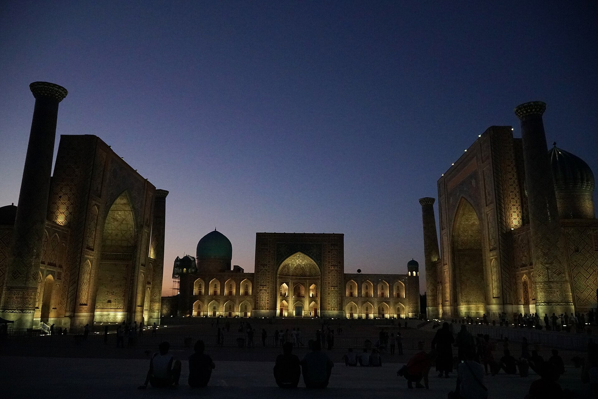 The tiled madrasahs of the Registan at dusk, Samarkand, Uzbekistan.