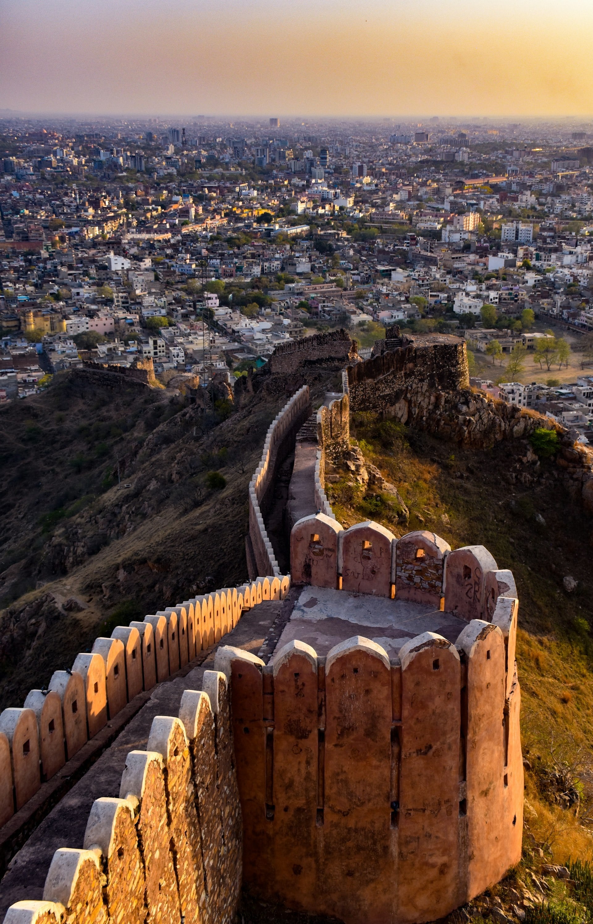 Amber Fort walls glowing in late afternoon light, Jaipur